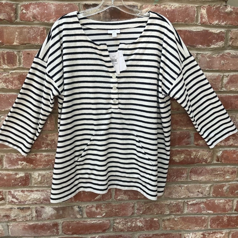 J. Jill Top Stripe White Navy French Terry Kangaroo Pocket Coastal
