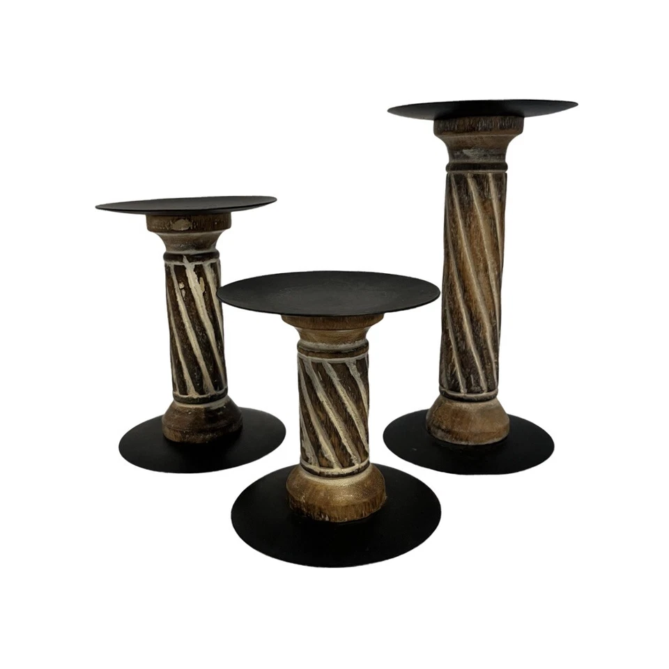 Conjunto de 3 pontos de vela pilar madeira maciça e metal - Imagem 2 de 4