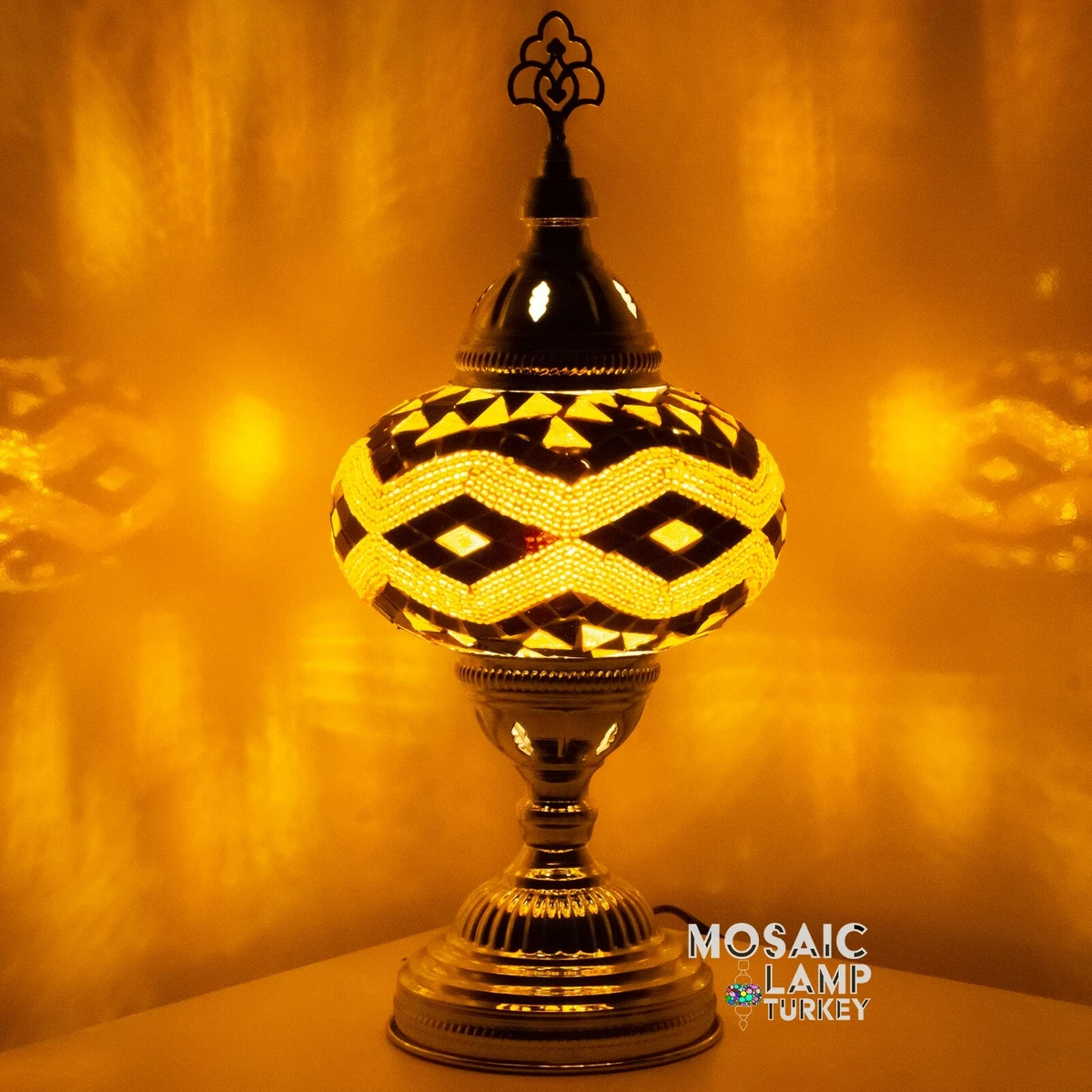 Silver Chrome Plated Turkish Mosaic Table Lamp Boho Style Moroccan Bedside Light
