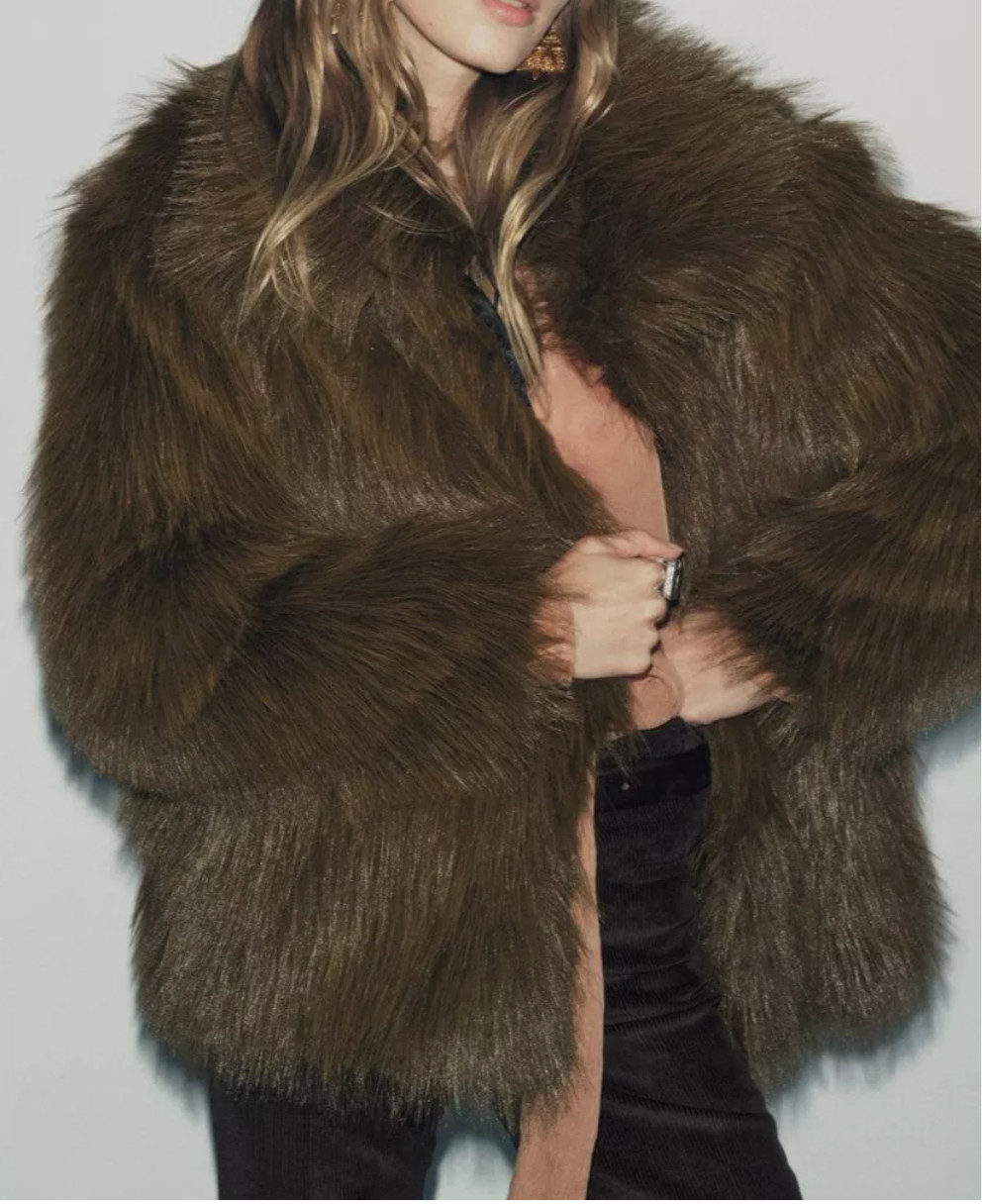 BNWT ZARA Brown Faux Fur Short Jacket Coat Size XS-S  6/8/10 UK