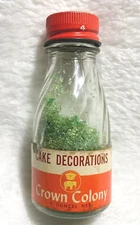 Vtg CROWN COLONY Green Sprinkles Cake Decorations 2oz Glass Bottle