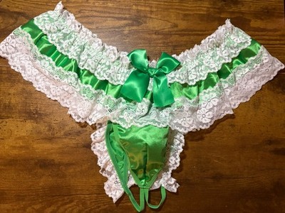  MENS SISSY WHITE LACE & GREEN SATIN POUCH PANTIES SIZE XL