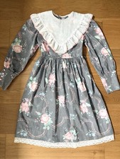 Peaches n Cream Girls VTG 80s Prairie Dress Sz 12 Pink Gray Floral Lace Bib Trad