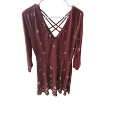 Nine Britton Midi Dress M Womens V Front V Back Long Sleeve Burgundy Floral