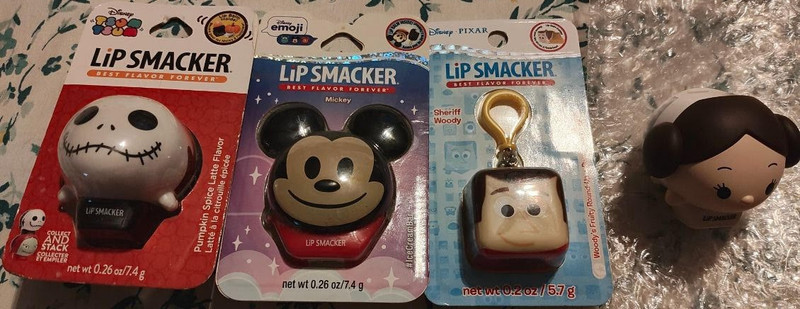 Lip Smackers NBC Jack Skellington, Mickey Mouse, Toy Story Woody, Star Wars Leia