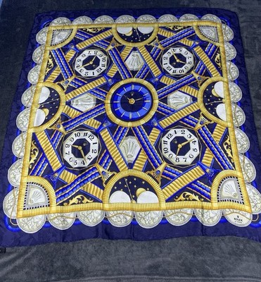 Rare Vintage Rolex Of Geneva Italian Made Silk Scarf Blue And Gold 34 Inches