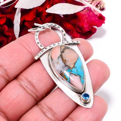Copper Pink Opal Kingman Blue Turquoise & Blue Topaz 925 Silver Pendant 2.5'' P87