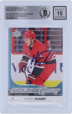 Haydn Fleury Hurricanes Signed 2017-18 Upper Deck Young Guns #236 BAS 10 Rookie