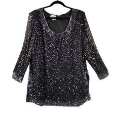 Vintage Black Silk Beaded Tunic Top Size 2X Formal Party New Years Eve