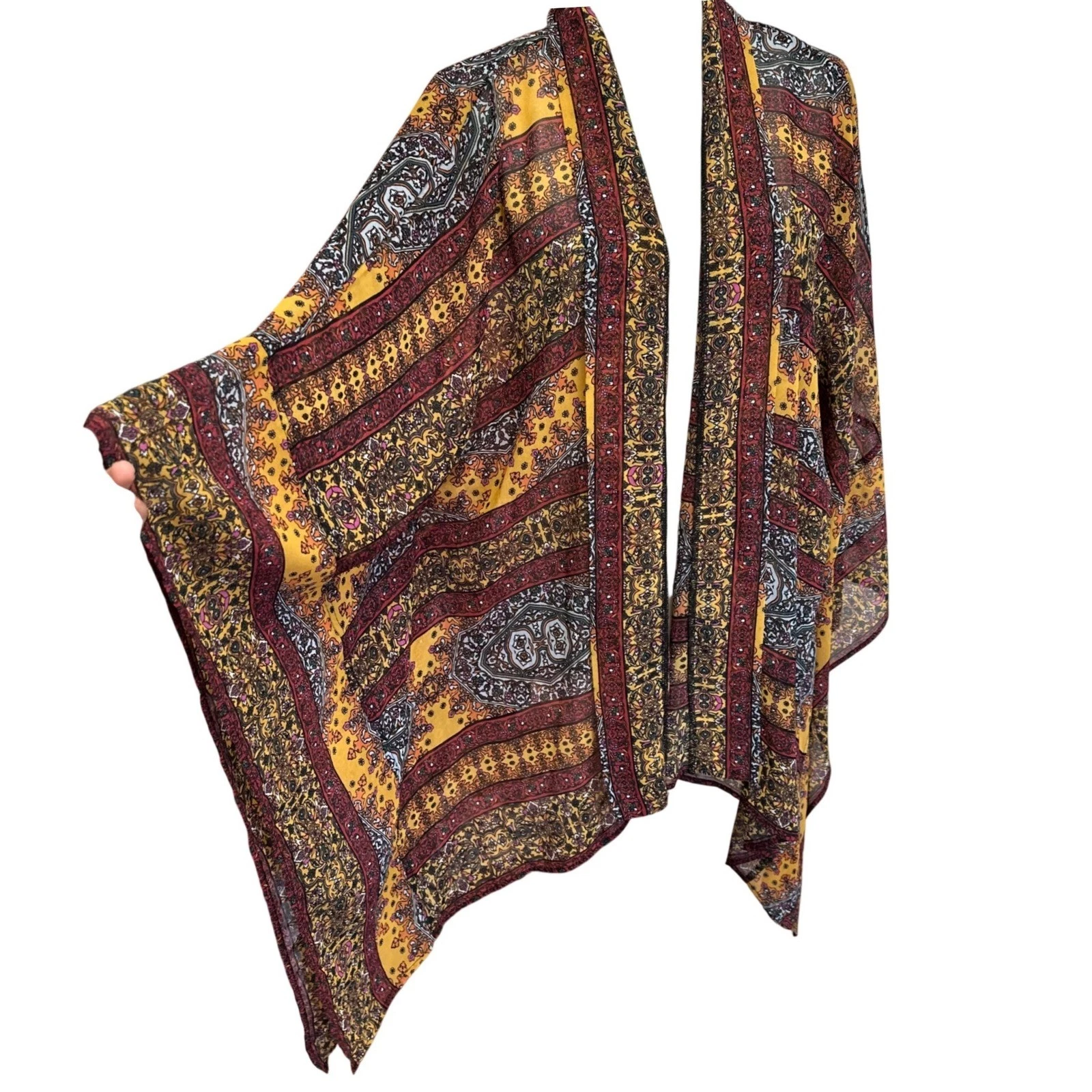 Womens Size S Boho Paisley Kimono Poncho Topper Chiffon Open Front Shawl Hippie