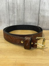 Beautiful Hand Tooled Leather Belt With Embossed Floral Design Brass Buckle