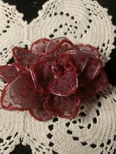 Artisan Hand Beaded & Wired Fabric Flower Statement Brooch Red / Gold