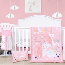 JISEN 5pc Unicorn Crib Bedding Set for Girls - Comforter, Sheet, Skirt, Pillowca