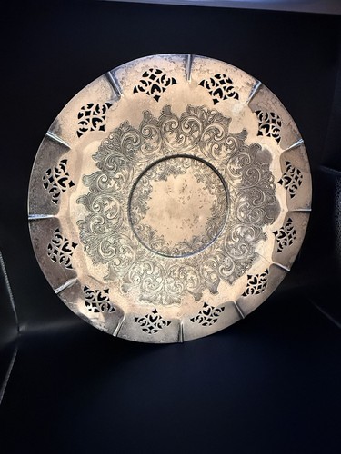Vintage Silverplate Round Serving Tray 12.5” Ornate Etched Pierced Edge - Picture 3 of 4
