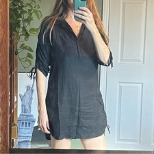 Green Dragon Black Linen Dress Medium Ruched Sides Arms Lagonlook Made in USA