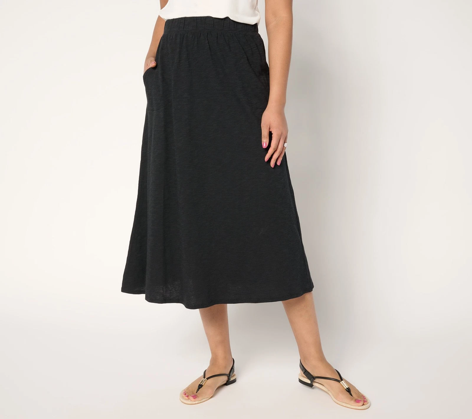 Denim & Co. Regular Linen Blend Midi Skirt with Pockets Black XS New
