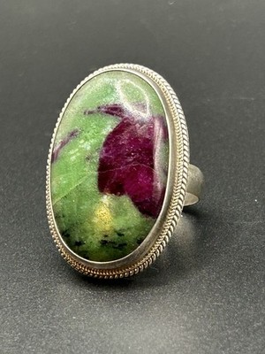 Sterling Silver 925 Ruby Zoisite Oval Bezel Cocktail Ring| Size 9.5