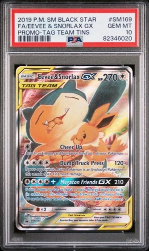 Pokemon 2019 Eevee & Snorlax GX SM169 SM Black Star Promo Art By Komiya PSA 10