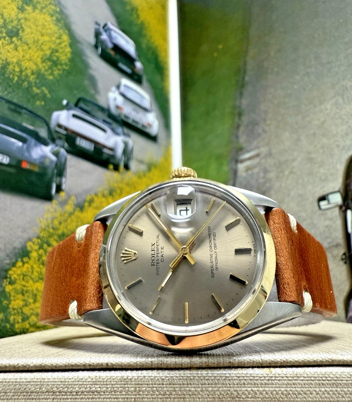Mens Rolex Date Yellow Gold Stainless Bronze Dial 34mm Watch