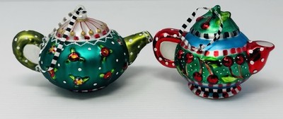 2 Mary Engelbreit Kurt S Adler Ornaments Teapot Shaped Glass Christmas HTF