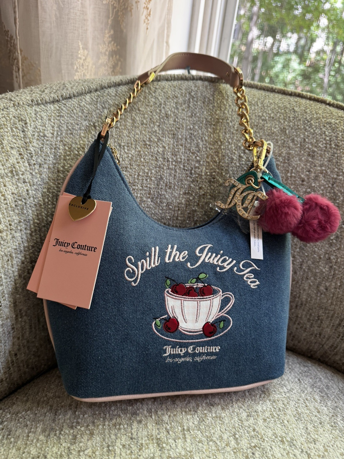 NWT Juicy Couture Denim Spill the Juicy Tea Hobo Bag Cherry Tea Cup Viral NEW