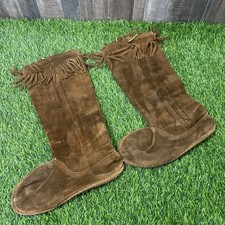 Vintage Brown Suede Leather Knee High Fringe Moccasin Boots Womens 9-9.5
