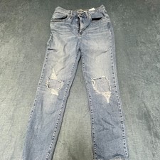 Levi's 724 High Rise Straight Jeans Womens 27 Blue Denim Frayed Hem Distressed