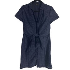 Talbots Navy Blue Short Sleeve Eyelet Knee Length Dress Button Tie Front 10P