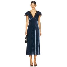 RIXO Clarice Velvet Dress Steel Blue Midi Lace Trim V Neck Size 4