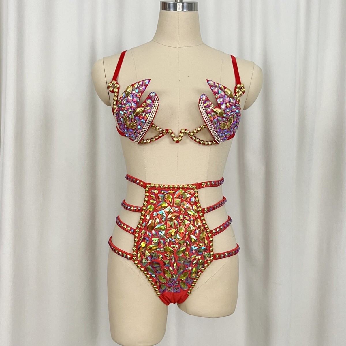 Samba Carnival Stones Costume EDC Outfit Wire Bra Panties Red Silver Royal  Blue