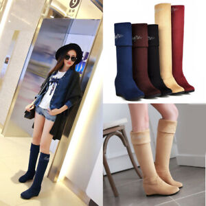 Ladies Hidden Wedge Heel Faux Suede Pull On Over The Knee High Boots Riding Shoe 