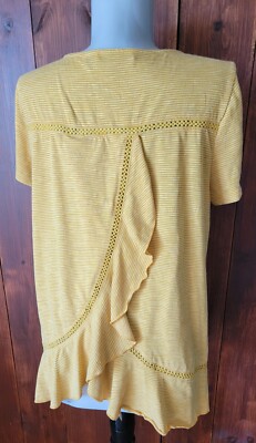 Flutter Ruffle Yellow Blouse Women M Striped Crochet Crisscross Back Boho Chic