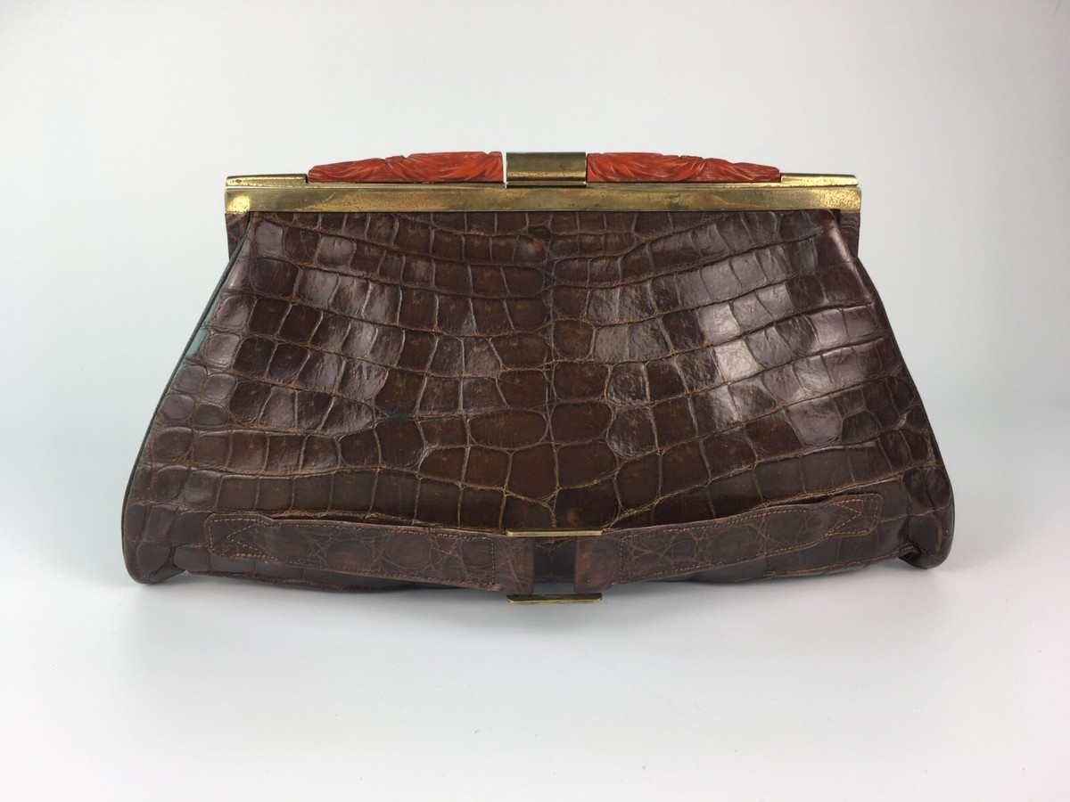 Leather 1920s Clutch Bag English Vintage Women's Brown Crocodile - Main Image