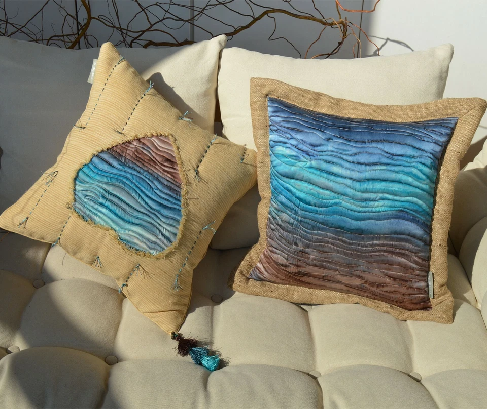 Fabric17 Silk Throw Pillow Cover 17", Hand Painted and Quilted Silk Cushion Case - Image 4 of 4
