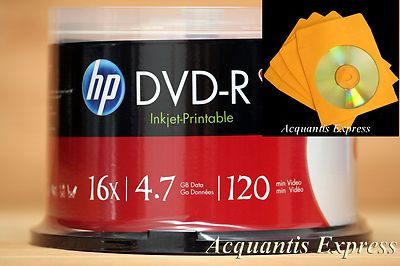 50 HP 16X DVD-R WHITE InkJet Printable DVD CB + 100 Orange CD/DVD Paper Sleeve