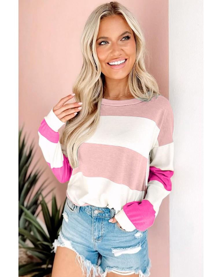 Light Pink Colorblock Striped Drop Shoulder Long Sleeve Top Tops