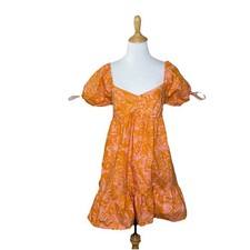 Mini abito con volant a sbuffo manica corta scollo a cuore arancione rosa lussureggiante taglia M