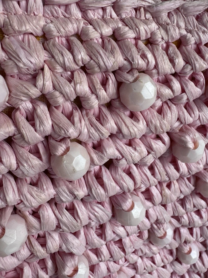 Bolso Boho Italiano Hecho a Mano Crochet Rafia Rosa Asas de Madera Cuentas De Colección Foto 4 de 4