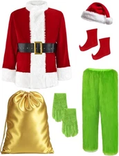 Christmas Green Furry Monster Santa Costume for Men 8 PCS Deluxe Adult Santa Sui