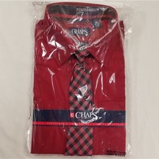 Chaps Kids Dress Shirt W/Easy-Clip Tie Size XXS/4-5 Red Long Sleeve Stretch New
