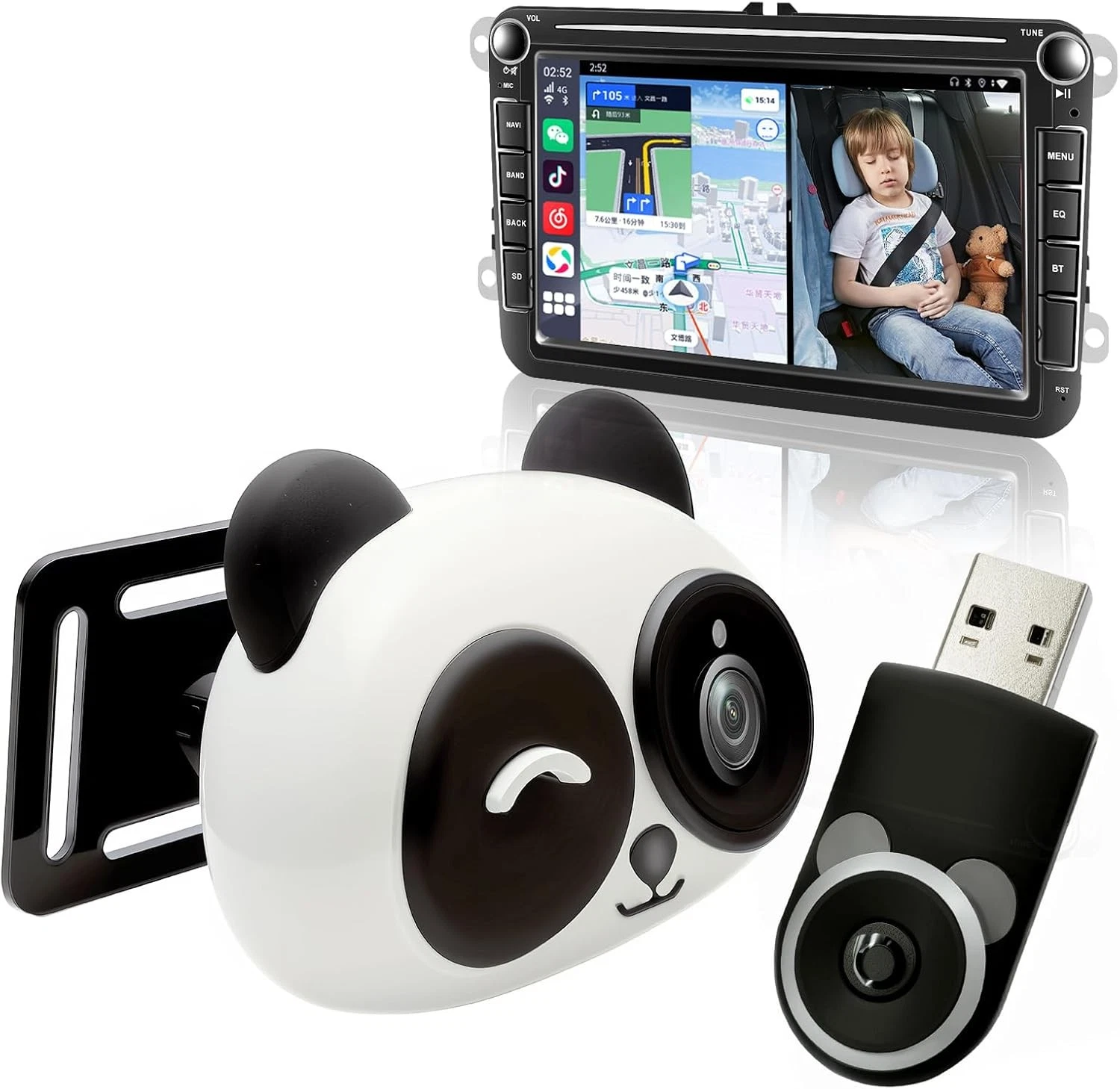 Baby Car Camera Wireless CarPlay Adapter 1080P HD Night Vision Rear Seat Monitor