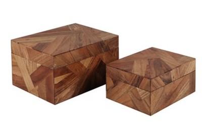 Benjara Alia Decor Storage Box Set of 2, Rectangular, Geometric Brown Wood Tones