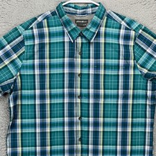 Eddie Bauer Shirt Button Up Mens XL Teal Blue Plaid Short Sleeve Pocket Casual