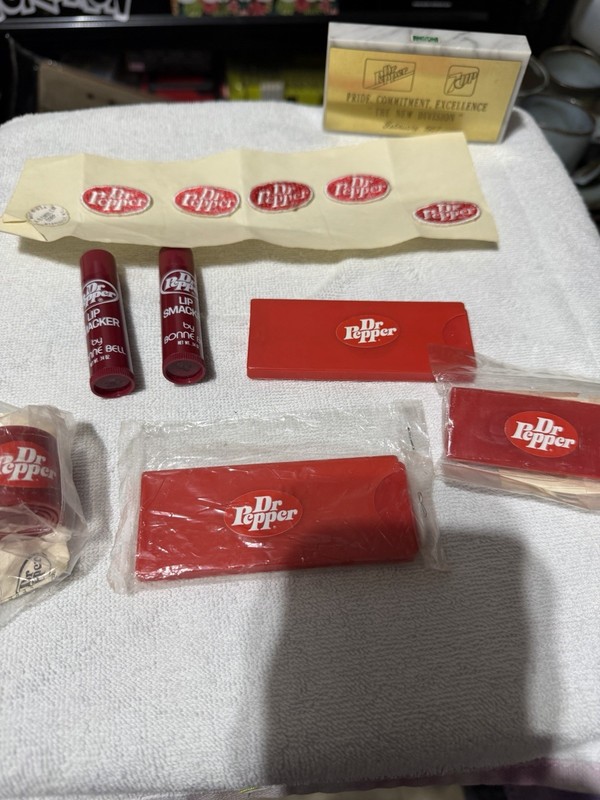 Vintage Dr Pepper Bundle! Coin bank, lip balm, embroider stickers and more!