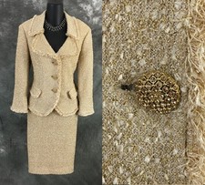 BEAUTIFUL St John knit gold shimmer fringe evening jacket skirt suit size 8