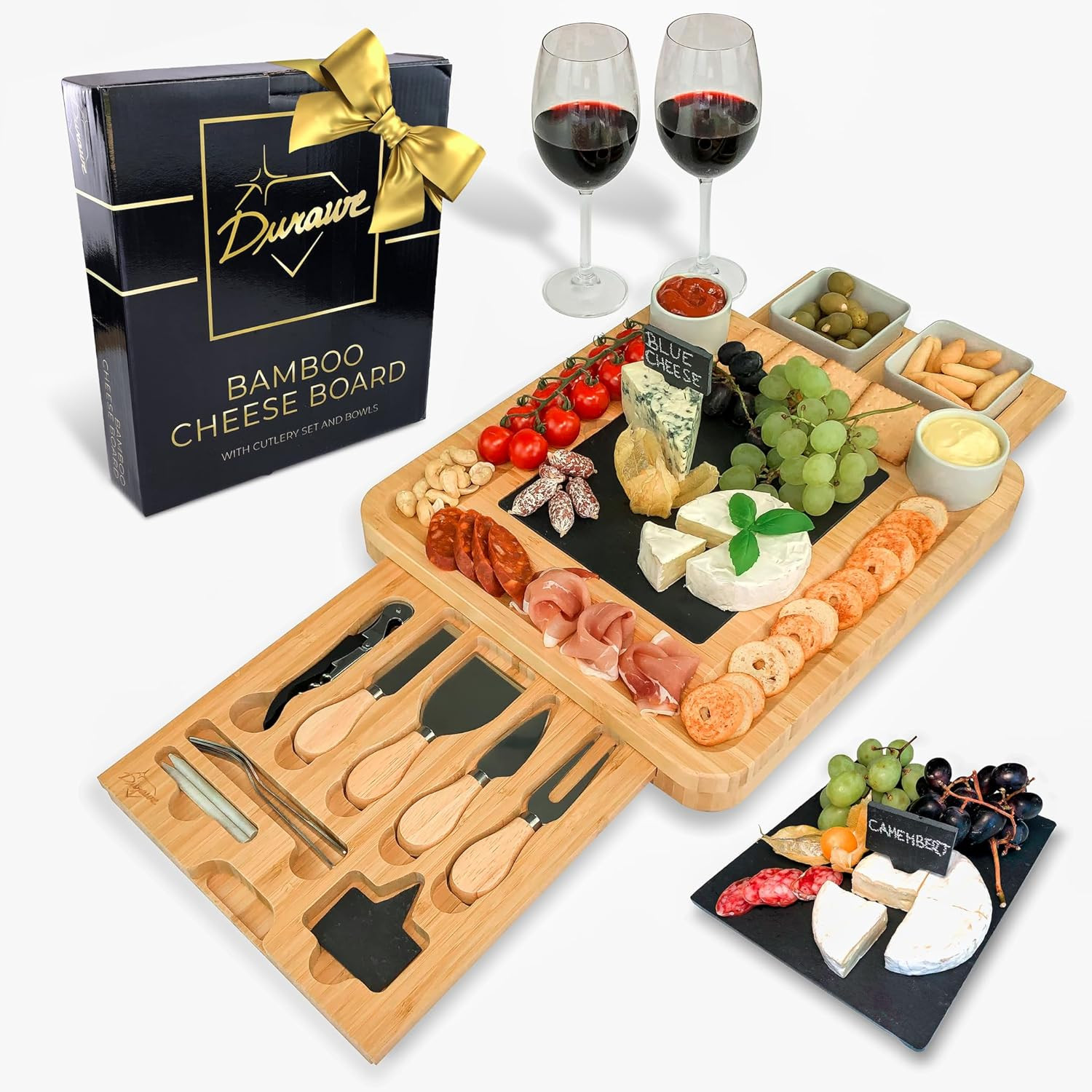 Tagliere in Bambù per Formaggi con Coltelli e Ciotole - Set Gourmet