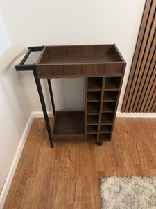 Modern Brown/Black Wood & Metal Rolling Bar Cart, Wine Rack, Shelves, 2 Wheels