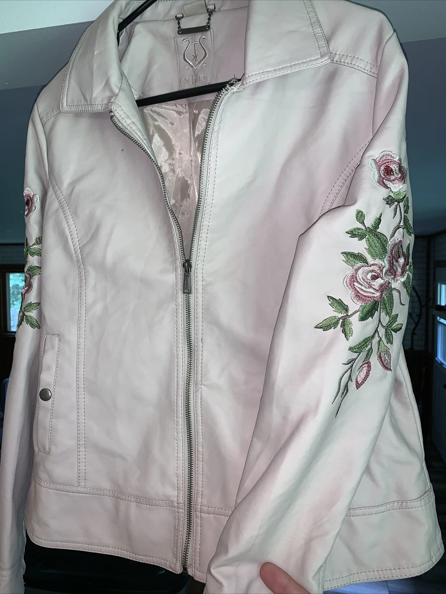 Odyn BIKER BOMBER STYLE VEGAN LEATHER JACKET W LUSH ROSES