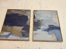 Abstract Art Pair Framed Wall Canvases Threshold Blue Gold Modern