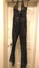 PRETTY LITTLETHING:AMAZING BLACK OPEN CROTCHET SEQUIN TRIM V DARING CATSUIT UK 8